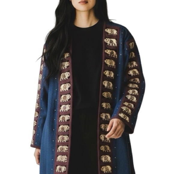 Vintage Denim Maxi Coat Wooden Elephant Bone Inserts Blue Jean Large Oversized - Picture 10 of 15